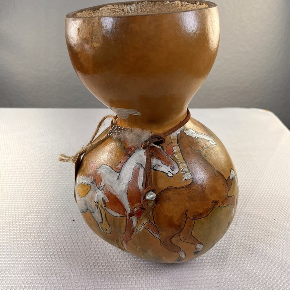 Other - Hand Painted Horse Heads Gourd Art Pot Vase, Signed 10" tall